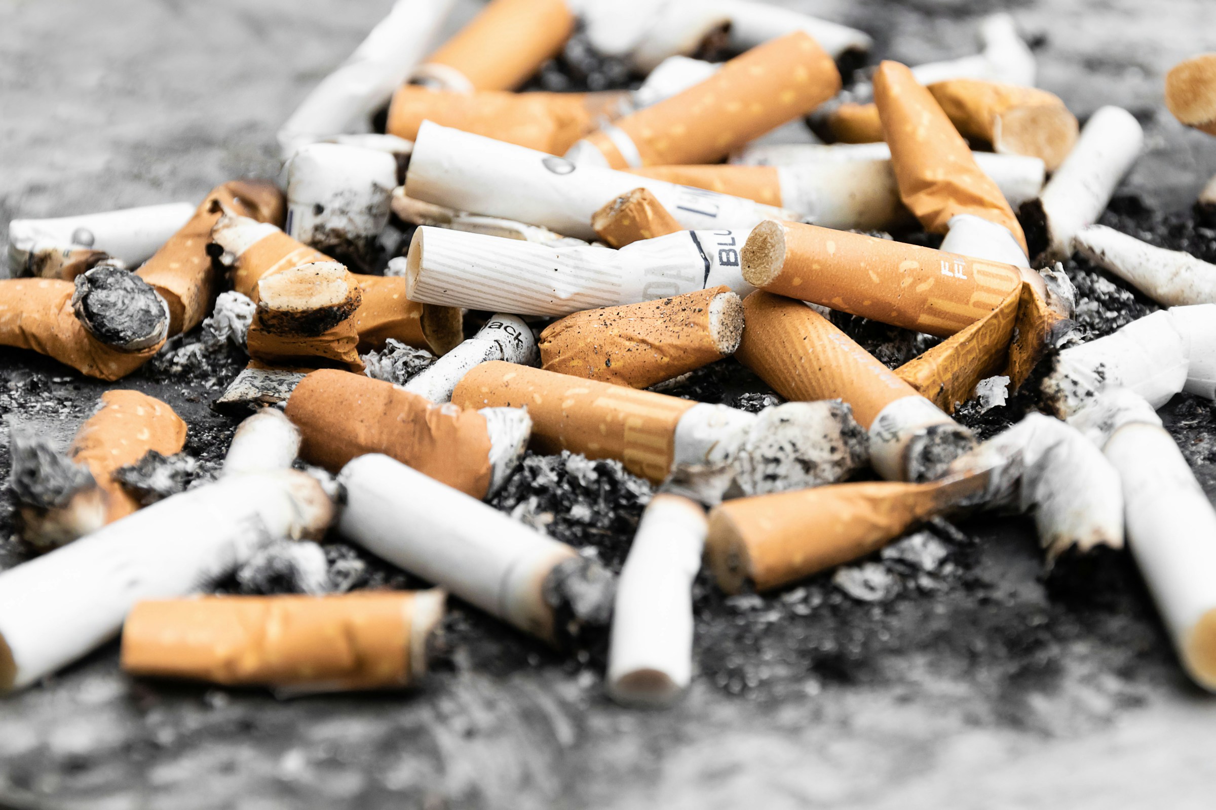 A pile of extinguished cigarette butts with ash on a gray surface.